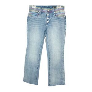 Blank NYC Varick Kick Flare Jeans Rainbow Embroidered Button Fly Raw Hem 27